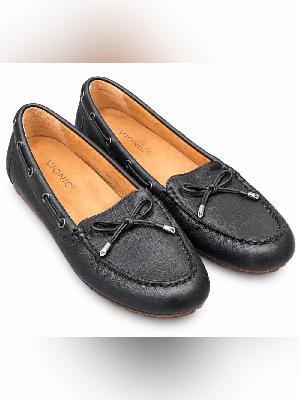 Vionic Virginia Black Leather Loafers 7.5 Driving Moc Quiet Luxury Preppy